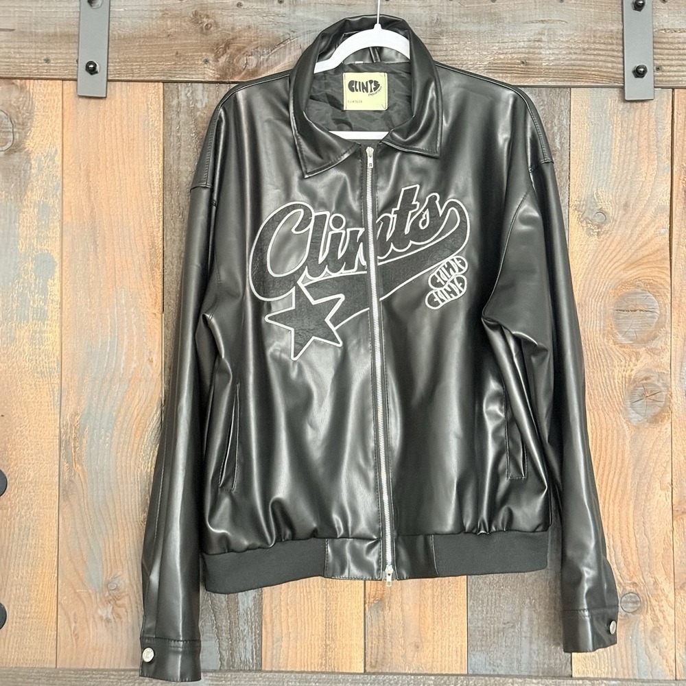 Clints XXL Faux Leather Spell Out Logo Streetwear Jacket Black Full‎ Zip